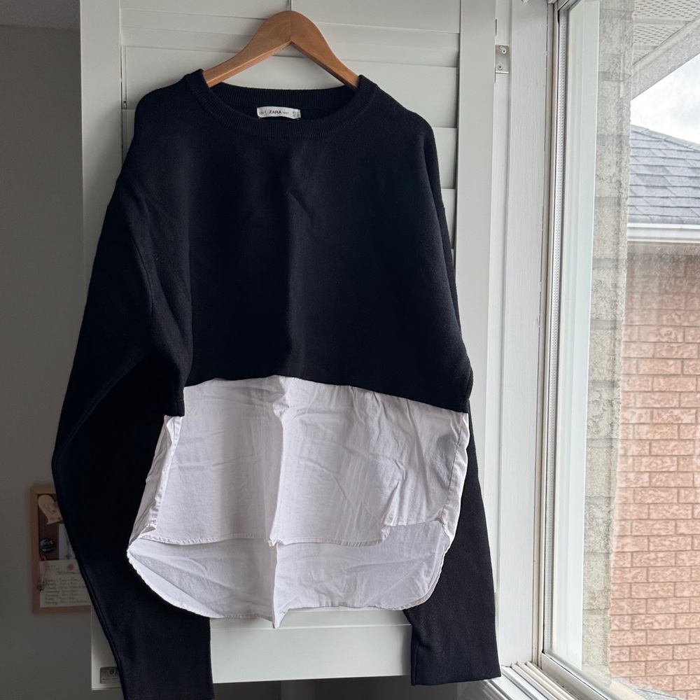 Zara Black Sweater with White Shirt-Layer Hem